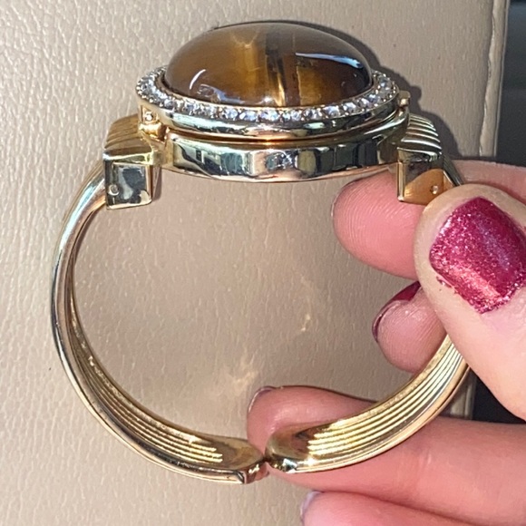 VINTAGE GENEVA Tigers Eye Gemstone bangle Bracelet Cuff watch Quartz Custom - Picture 13 of 16